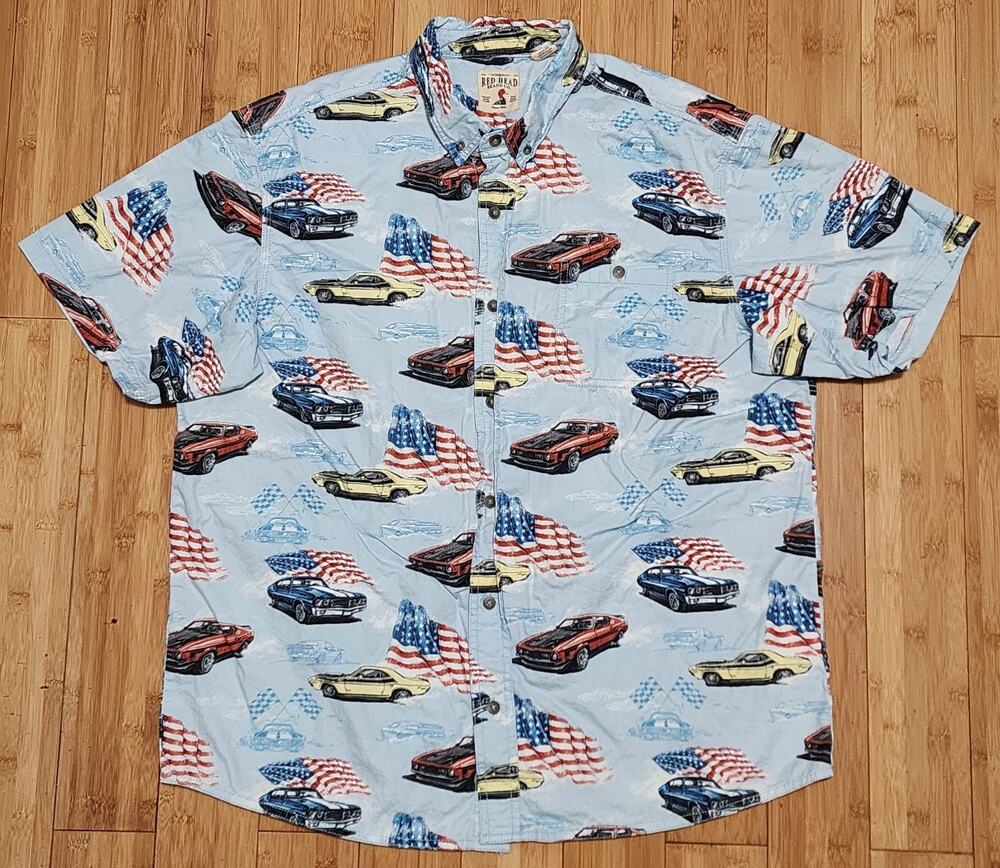 Red Head Shirt Button Up Short Sleeve Blue Mens XL Flag & Truck Print AOP USA